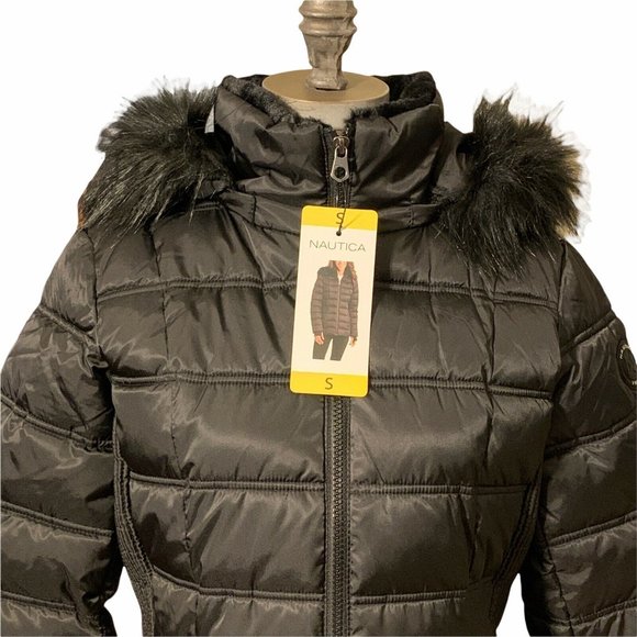 NAUTICA Black Jacket Quilted Puffer Coat Faux Fur Trimmed Hood Choice of Size - Picture 2 of 5